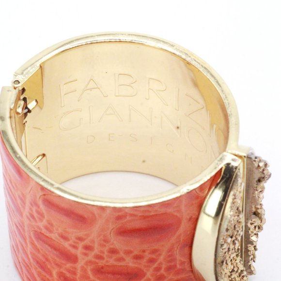 Fabrizio Giannone Designer Signed Orange Color Leather Gold Stone Clamp Bracelet - Picture 12 of 12